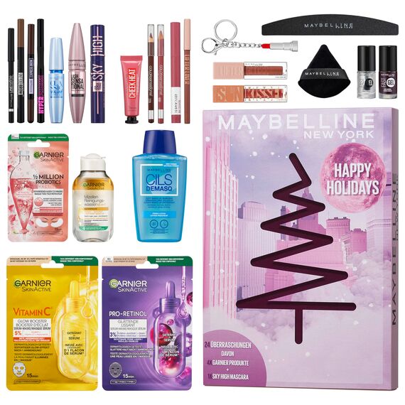 Maybelline New York Adventskalender, Mit 24 spannenden Türchen für Beauty-Liebhaberinnen, 21 Originalprodukte & 3 Goodies, inkl. Sky High Mascara & 4 Garnier Skincare Highlights