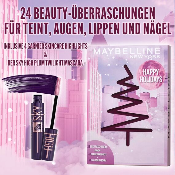 Maybelline New York Adventskalender, Mit 24 spannenden Türchen für Beauty-Liebhaberinnen, 21 Originalprodukte & 3 Goodies, inkl. Sky High Mascara & 4 Garnier Skincare Highlights