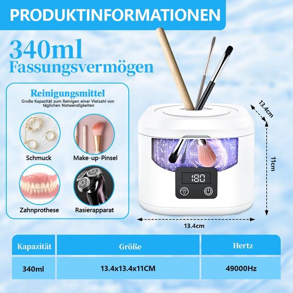 Ultraschallreinigungsgerät 50000hz Mit 6 UV-Licht & 4 Modes,Ultraschallreinigungsgerät Zahnschiene,340ml Ultraschallreiniger Für Zahnersatz,Retainer,Aligner,Prothesen,Zahnbürstenkopf,Schmuck
