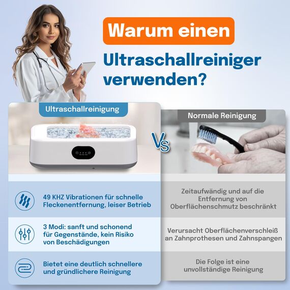 Ultraschallreinigungsgerät, 640ml Brillenreinigungsgerät, 49000Hz Schmuckreiniger Ultraschall mit Digitalem Display, 5 Modi Ultraschallreiniger für Brille, Schmuck, Zahnersatz (Weiß)