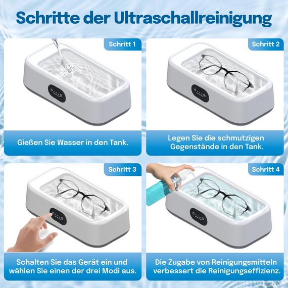 Ultraschallreinigungsgerät, 640ml Brillenreinigungsgerät, 49000Hz Schmuckreiniger Ultraschall mit Digitalem Display, 5 Modi Ultraschallreiniger für Brille, Schmuck, Zahnersatz (Weiß)