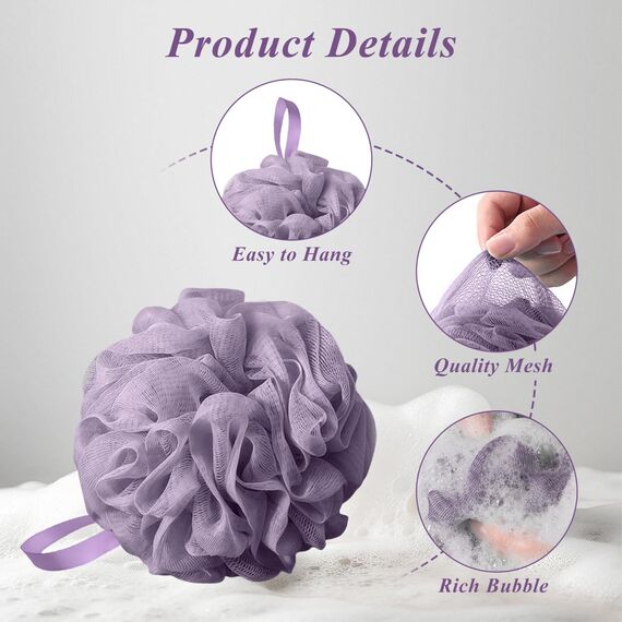 flintronic 4 Stück Badeschwamm, 60g Dusch-Luffa-Kugeln, Masche Schäumend Duschschwamm Körper, Extra Groß, Einfach Schäumend, für Reinigendes Körperpeeling&Peeling (Lila + Beige + Weiß + Grau)