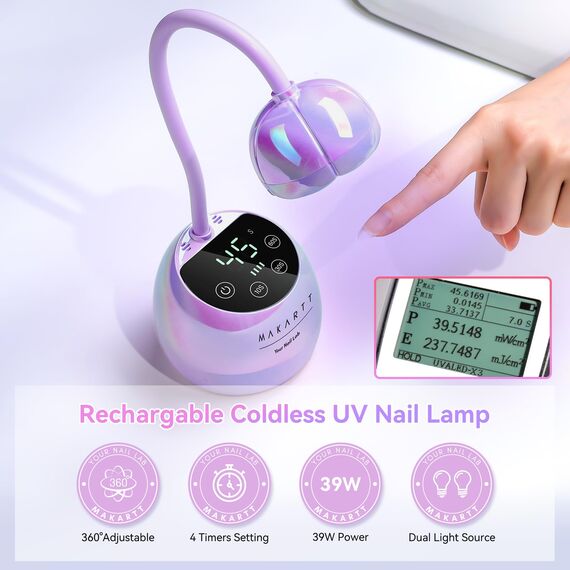 Makartt UV Lampe für Gelnägel - Gooseneck UV Lampe Nägel Cordless, Rechargeable USB 39W Dryer LED Lamp with Auto Sensor 4 Timer Settings, Fast Curing für 3D Nail Art Polish(Lila)