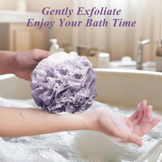 flintronic 4 Stück Badeschwamm, 60g Dusch-Luffa-Kugeln, Masche Schäumend Duschschwamm Körper, Extra Groß, Einfach Schäumend, für Reinigendes Körperpeeling&Peeling (Lila + Beige + Weiß + Grau)
