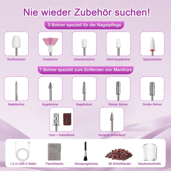 Nagelfräser Kabellos 35000 u/min, EWEIMA 13 in 1 Mehrzweck Nagelfräser für Gelnägel, 1000mAh Elektrische Nagelfeile, 35 Geschwindigkeiten, Professionell Nail Drill mit 66 Schleifbändern (Grau)