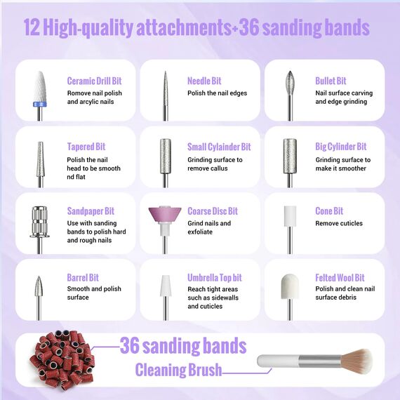 Denabuty Nagelfräser Kabellos, 13 in 1 Fräser für Gelnägel 35000 u/min, Elektrische Nagelfeile Professionell Nail Drill, Maniküre und Pediküre Set Elektrisch für Semi Permanent, Acrylnägel Violett