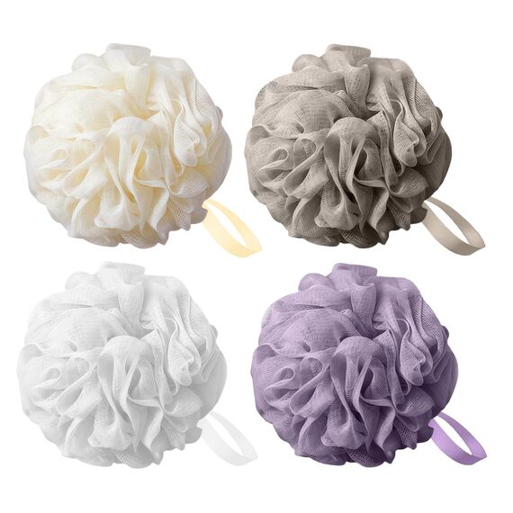 flintronic 4 Stück Badeschwamm, 60g Dusch-Luffa-Kugeln, Masche Schäumend Duschschwamm Körper, Extra Groß, Einfach Schäumend, für Reinigendes Körperpeeling&Peeling (Lila + Beige + Weiß + Grau)