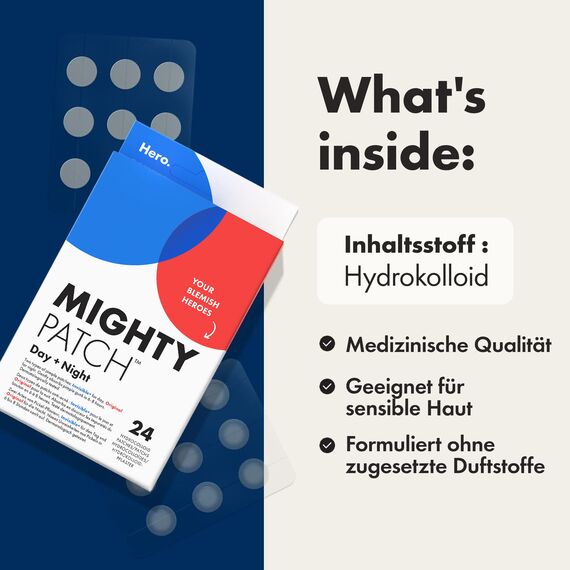 Hero Cosmetics Mighty Patch Day + Night, Hydrocolloid-Aknepflaster, ziehen Unreinheiten in 6 Stunden aus Pickeln, Tag- & Nachtbehandlung, 24 Pickel-Patches: 12 für den Tag & 12 für die Nacht.