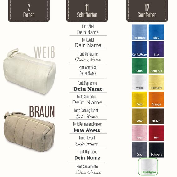 Musselin Kosmetiktasche mit Text oder Motiv Bestickt - Personalisierte Schminktasche ideal als Organizer für Reisen (Weiß)