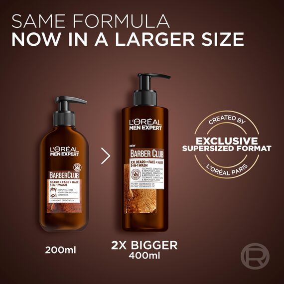 L'Oréal Men Expert XXL 3-in-1 Bartshampoo für Männer, Bartseife für Bart, Gesicht und Haar, Herren Bartpflege gegen Schuppen mit ätherischem Zedernholzöl, Barber Club, [Amazon Exclusive], 1 x 400 ml