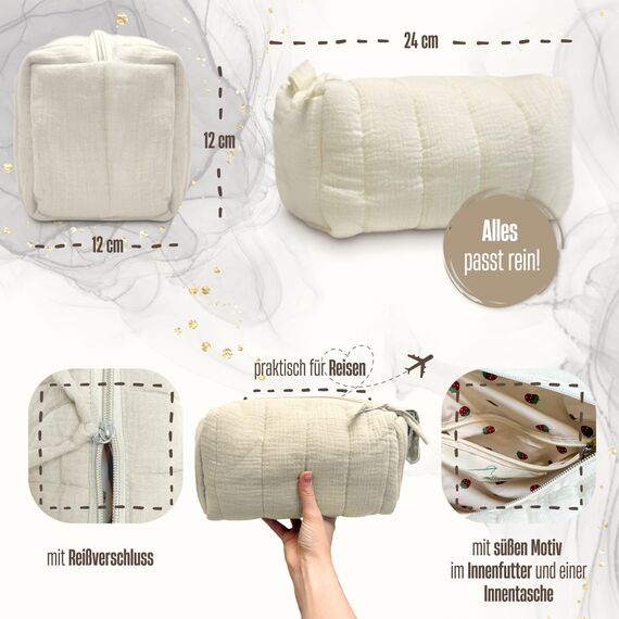 Musselin Kosmetiktasche mit Text oder Motiv Bestickt - Personalisierte Schminktasche ideal als Organizer für Reisen (Weiß)