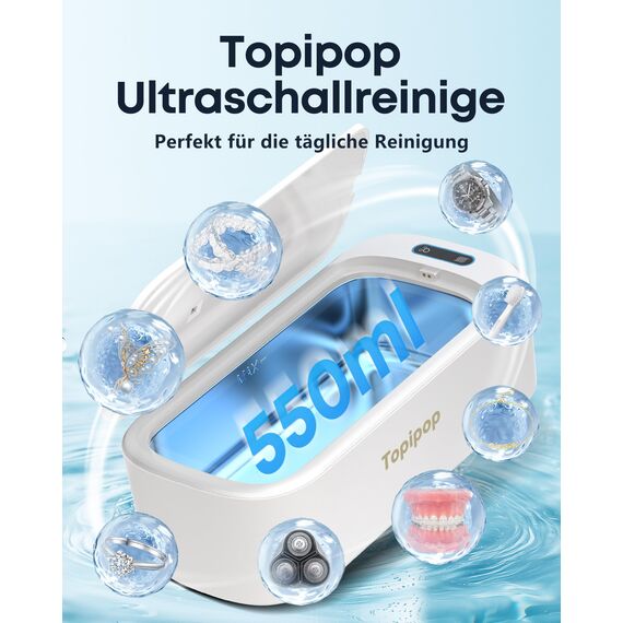 Topipop Ultraschallreinigungsgerät, 48000Hz Ultraschallreiniger, 550 ml brillenreinigungsgerät, 2 Modis Ultrasonic Cleaner zum Reinigen von Brillen, Schmuck, Uhren, Ringen, Rasierklingen Etc (White)