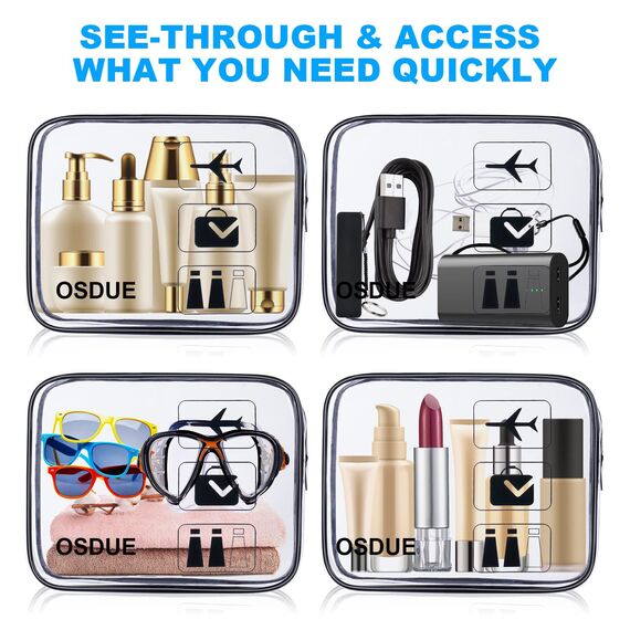 OSDUE 3 Stück Kulturbeutel Transparent, Flugzeug PVC Kosmetiktasche Wasserdicht, Handgepäck-Reisezubehör, Kulturtaschen für Männer, Frauen, Kinder, Familie (Schwarz)