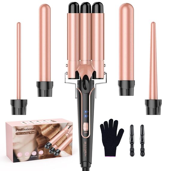 5 in 1 Lockenstab Set, BESTOPE PRO 5 in 1 Lockenstäbe Set mit Glätteisen mit 3-fach-Haarkrempler für Damen, schnell aufheizender Lockenstab für alle Haartypen