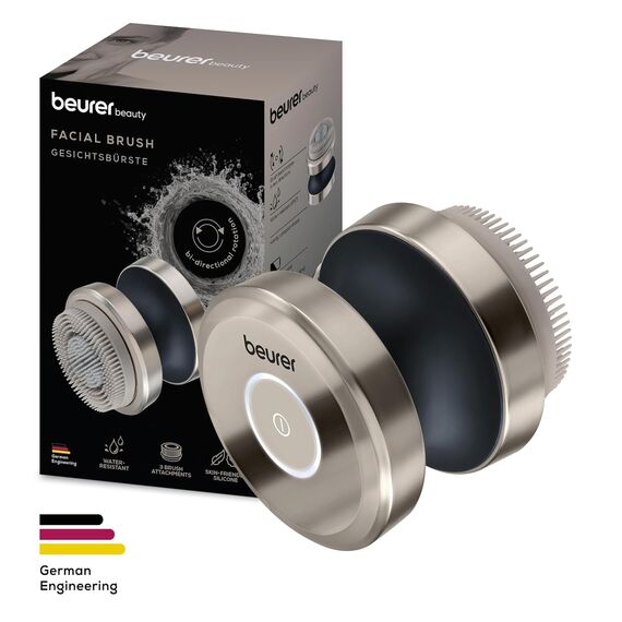 Beurer FC 59 Dual elektrische Gesichtsbürste für porentiefe Reinigung, 3 Aufsätze (Silikon, Sensitiv, Exfoliation), 2 Intensitätsstufen, wasserfest, mit Akku, Gesichtspflege-Gerät für alle Hauttypen