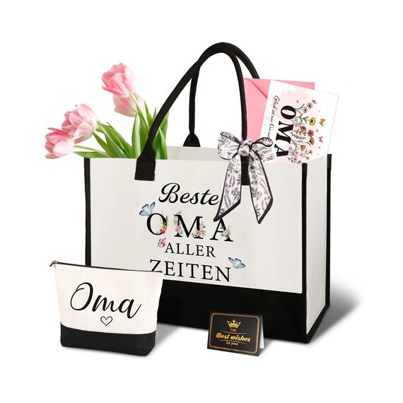 Giftota Oma Geschenk, Geschenk für Oma – Muttertagsgeschenk für Großmutter Geburtstag, Canvas Einkaufstasche & Kosmetiktasche, Grußkarte – Geschenkidee für Großmutter Geburtstag, Weihnachten Muttertag