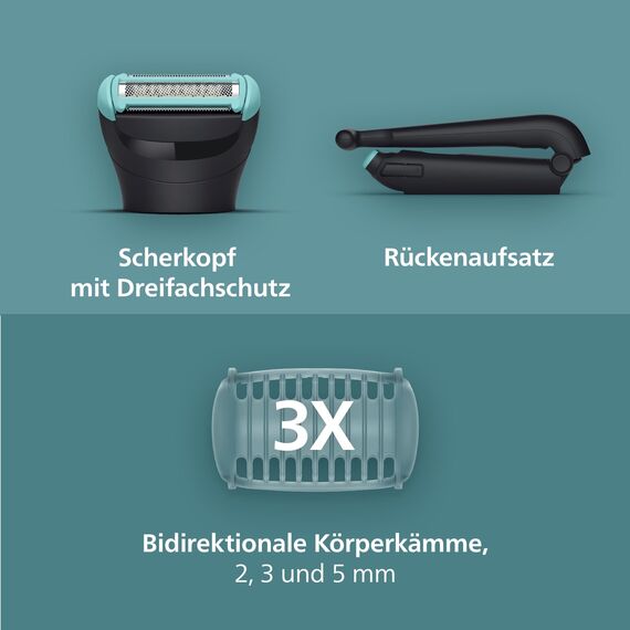 Philips Bodygroom 5000er-Serie – Herrentrimmer mit Dreifachschutz-Rasiersystem, trimmen und rasieren im Intimbereich, klappbarer Rückenaufsatz, 100% duschfest, 100 Min. Laufzeit, Modell BG5480/15