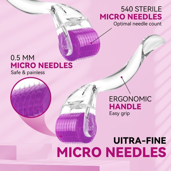 Bartroller 0,5 mm – Derma-roller mit 540 Titan-Nadeln für Bartwuchs & Haarwachstum, professioneller Microneedling Roller für Gesicht, Kopfhaut & Körper – Männer & Frauen, Anti-Aging, Hautpflege(Rosa)