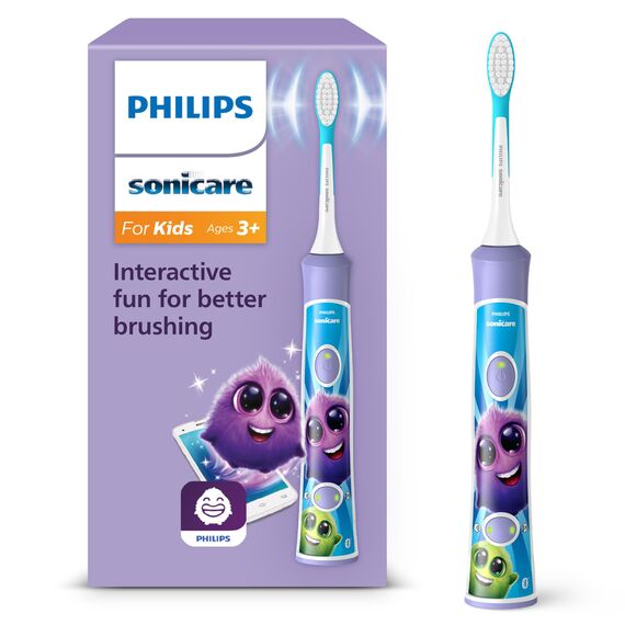 Philips Sonicare For Kids, elektrische Schallzahnbürste mit App, für Kinder ab 3 Jahren, mit SmarTimer und QuadPacer für eine gründliche Reinigung, Lila, Modell HX6322/12