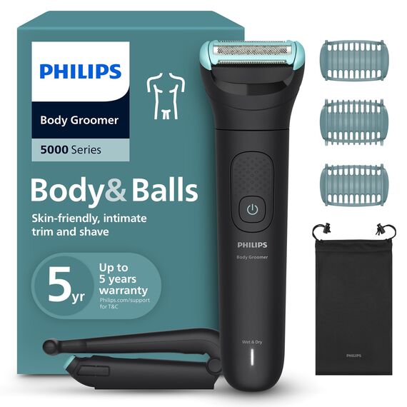 Philips Bodygroom 5000er-Serie – Herrentrimmer mit Dreifachschutz-Rasiersystem, trimmen und rasieren im Intimbereich, klappbarer Rückenaufsatz, 100% duschfest, 100 Min. Laufzeit, Modell BG5480/15