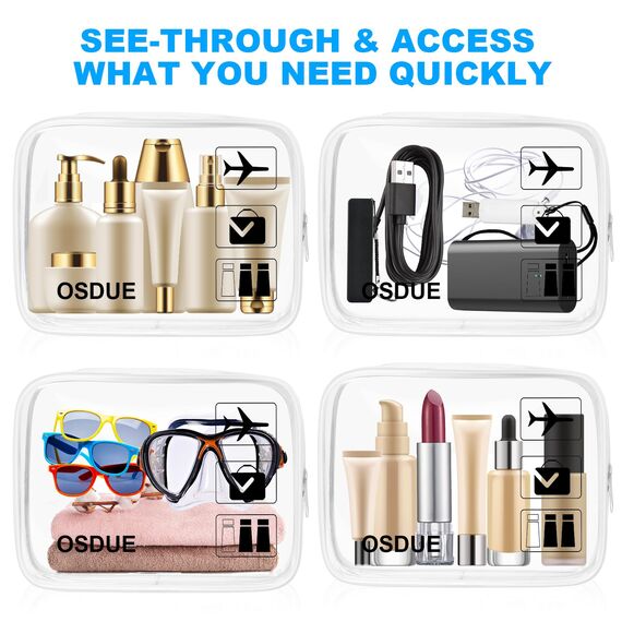 OSDUE 2 Stück Kulturbeutel Transparent, Flugzeug PVC Kosmetiktasche Wasserdicht, Handgepäck-Reisezubehör, Kulturtaschen für Männer, Frauen, Kinder, Familie (Weiß)