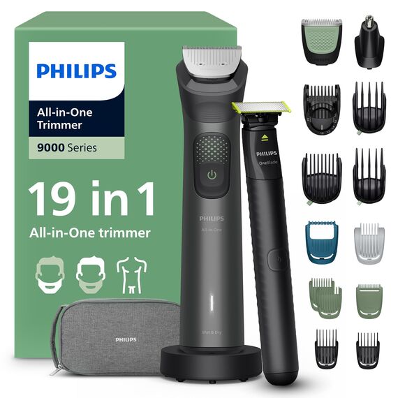 PHILIPS Multigroom Series 9000 All-in-One 19-teiliger Barttrimmer und Haarschneider + OneBlade-Trimmer - Komplettes Pflegeset für Gesicht, Kopf & Körper, 27 Längeneinstellungen (0,2-20 mm), MG9556/15