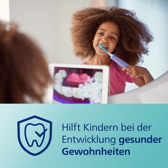 Philips Sonicare For Kids, elektrische Schallzahnbürste mit App, für Kinder ab 3 Jahren, mit SmarTimer und QuadPacer für eine gründliche Reinigung, Lila, Modell HX6322/12