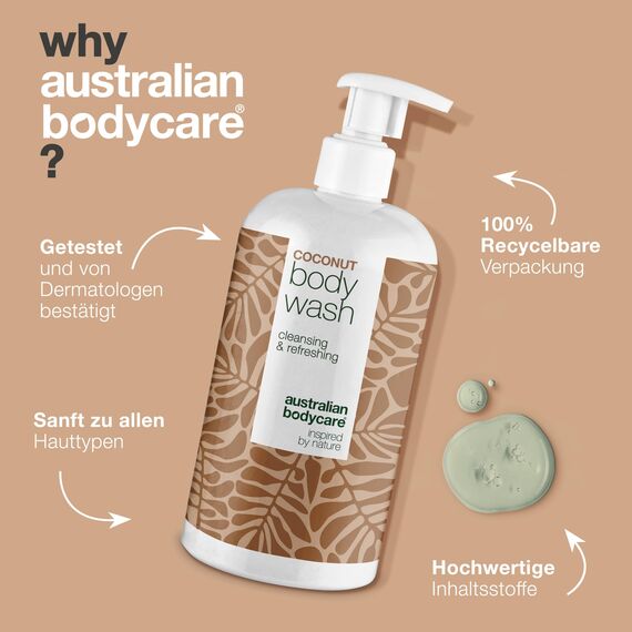 Duschgel Coco 500 ml mit Teebaumöl bekannten 4-Terpineol von Australian Bodycare. Für Unreine, Trockene Haut, Juckreiz, Körpergeruch und Akne
