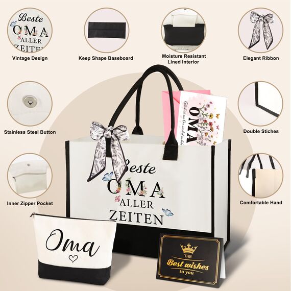 Giftota Oma Geschenk, Geschenk für Oma – Muttertagsgeschenk für Großmutter Geburtstag, Canvas Einkaufstasche & Kosmetiktasche, Grußkarte – Geschenkidee für Großmutter Geburtstag, Weihnachten Muttertag