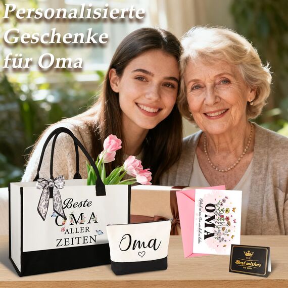 Giftota Oma Geschenk, Geschenk für Oma – Muttertagsgeschenk für Großmutter Geburtstag, Canvas Einkaufstasche & Kosmetiktasche, Grußkarte – Geschenkidee für Großmutter Geburtstag, Weihnachten Muttertag