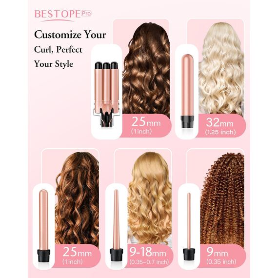5 in 1 Lockenstab Set, BESTOPE PRO 5 in 1 Lockenstäbe Set mit Glätteisen mit 3-fach-Haarkrempler für Damen, schnell aufheizender Lockenstab für alle Haartypen