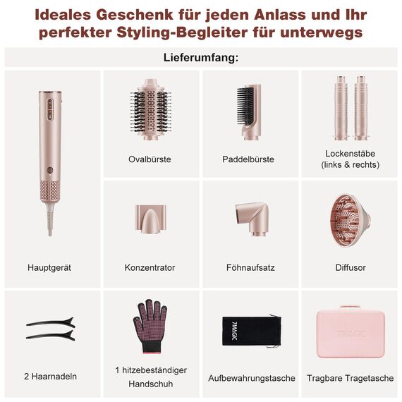 7MAGIC 7 in 1 Airstyler, Professioneller Hairstyler Set, 110000 U/Min, 1400W, Rundbürstenföhn, Lockenstab Auto-Wrap, Glätteisen, Ionen Föhn, Zum Styling, Volumisieren, Locken und Glätten, mit Reisebox