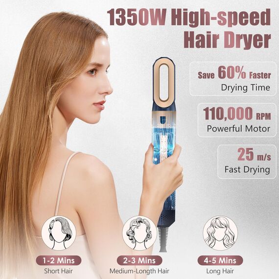 Anluomania Airstyler & Haartrockner 1350W, Hairstyler set mit Föhn110000 U/Min, Föhnbürste mit Auto Lockenstab, Warmluftbürste, Glättbürste, Airflow-Styling für Haar Volumen, Glätten,Locken und Föhnen