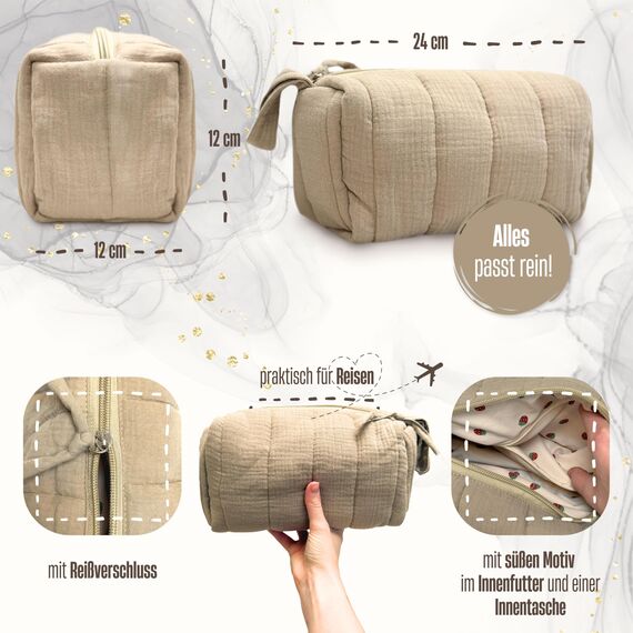 Musselin Kosmetiktasche - Schminktasche ideal als Organizer für Reisen (Taupe)