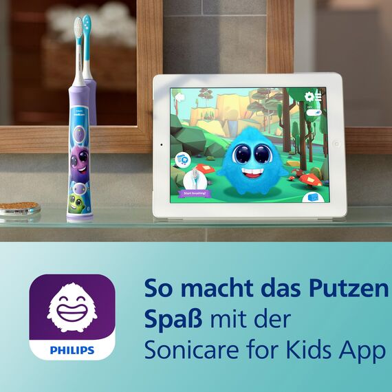 Philips Sonicare For Kids, elektrische Schallzahnbürste mit App, für Kinder ab 3 Jahren, mit SmarTimer und QuadPacer für eine gründliche Reinigung, Lila, Modell HX6322/12