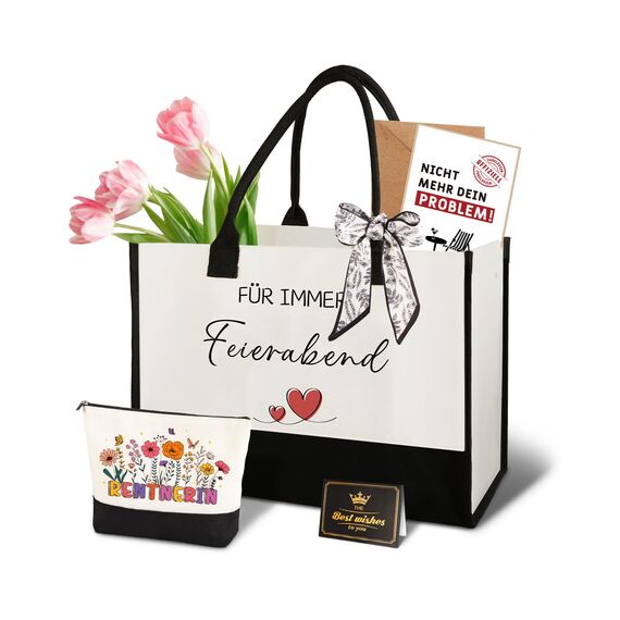 Giftota Rentnerin Geschenk Set – Rentner Geschenk Frau Renteneintritt Abschiedsgeschenk Ruhestand Frau – Canvas Tasche, Kosmetiktasche, Karte – Lustiges Rentner Geschenkset Kollegin Mitarbeiterin