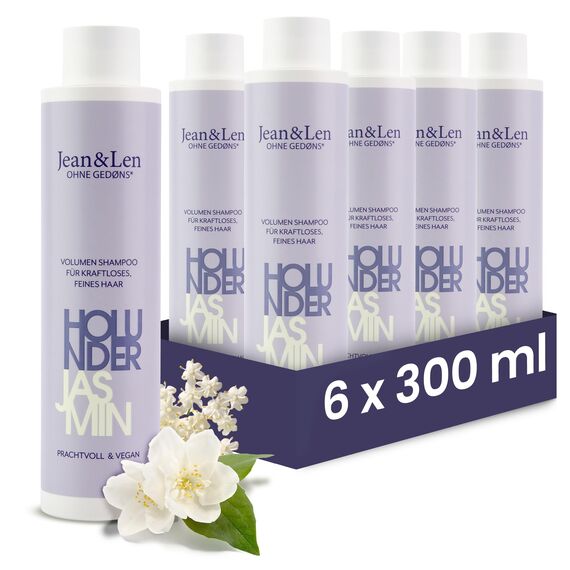 Jean & Len Volumen Shampoo Holunder & Jasmin, für kraftloses und feines Haar, verleiht Volumen, fruchtig-blumiger Duft, ohne Parabene und Silikone, vegan, 6 x 300 ml