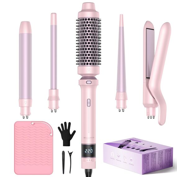 BESTOPE PRO Lockenstab, 5 in 1 Lockenstäbe Set mit Glätteisen, Thermobürste, 3 Keramische Lockeneisen (9mm- 25mm) für Große Locken, 13 Temperaturen, Hair Curler mit Hitzebest.Matte, Handschuh, Rosa