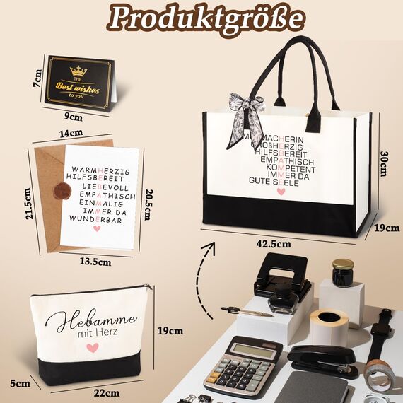 Giftota Geschenkset für Hebamme mit Tasche, Kosmetiktasche & Karte – Dankeschön Geschenk zur Geburt oder zum Abschied, liebevolles Geschenk Hebamme mit Herz, Mutmacherin Großherzig & Empathisch