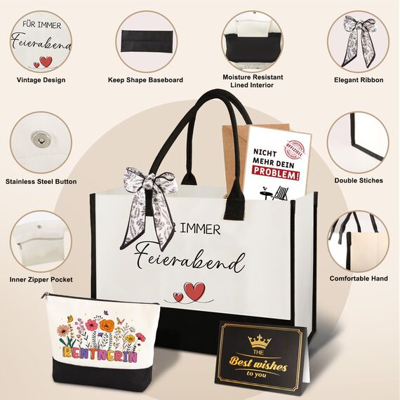 Giftota Rentnerin Geschenk Set – Rentner Geschenk Frau Renteneintritt Abschiedsgeschenk Ruhestand Frau – Canvas Tasche, Kosmetiktasche, Karte – Lustiges Rentner Geschenkset Kollegin Mitarbeiterin