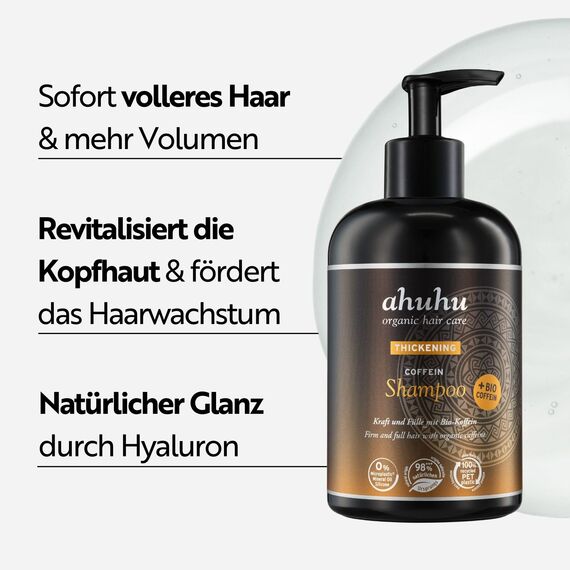 ahuhu THICKENING Coffein Shampoo (500ml) – Mit Bio-Koffein & Reisstärke, Stärkt Haarwurzeln & schützt die Kopfhaut, Mehr Volumen für Damen & Herren, Ohne Silikon & Parabene, Vegan