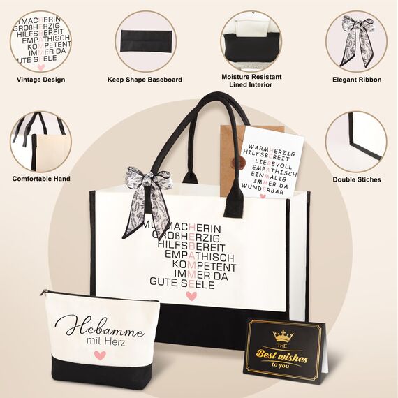 Giftota Geschenkset für Hebamme mit Tasche, Kosmetiktasche & Karte – Dankeschön Geschenk zur Geburt oder zum Abschied, liebevolles Geschenk Hebamme mit Herz, Mutmacherin Großherzig & Empathisch