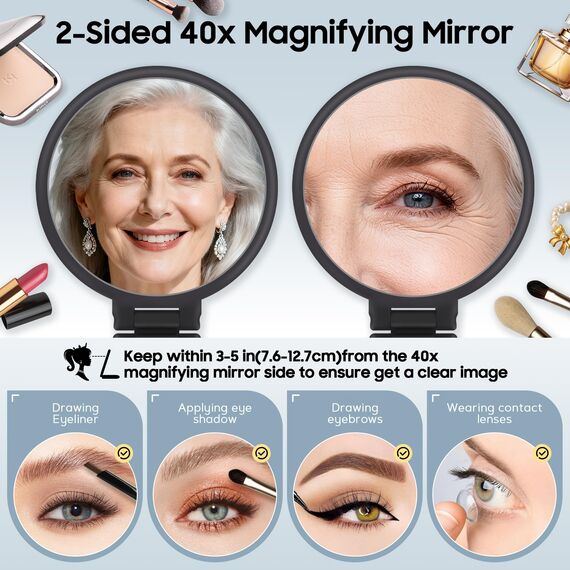 MIYADIVA 40X Vergrößerungsspiegel, Handspiegel für Schmink, Doppelseitig mit 40X/1X Vergrößerung, Reiseessential, Tragbar & Klappbar für Schreibtisch und Badezimmer, Geschenk für Frauen, Schwarz