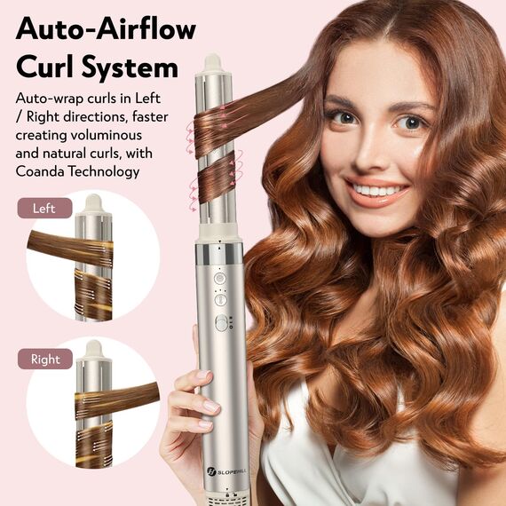 Slopehill Airstyler 5 IN 1, Ionen Föhn 110000 U/Min, Multifunktionaler Hairstyler, Lockenstab Automatisch, Warmluftbürste,Glätteisen, für Styling, Volumisieren, Locken und Glätte（Champagner Gold）