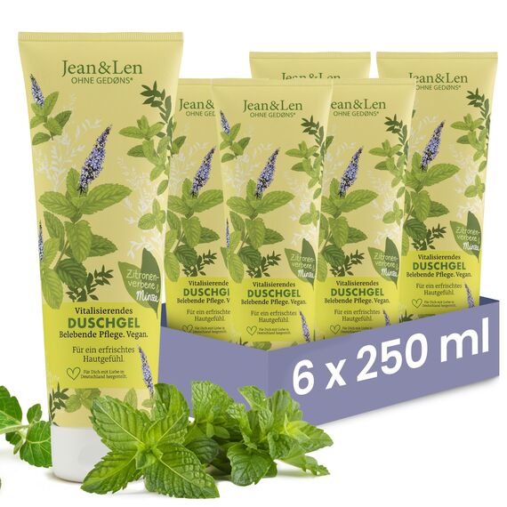 Jean & Len Vitalisierendes Duschgel Zitronenverbene & Minze, im praktischen Set, sanftes Reinigungserlebnis, frischer Duft, ohne Mikroplastik & Mineralöl, vegan shower gel, 6 x 250 ml