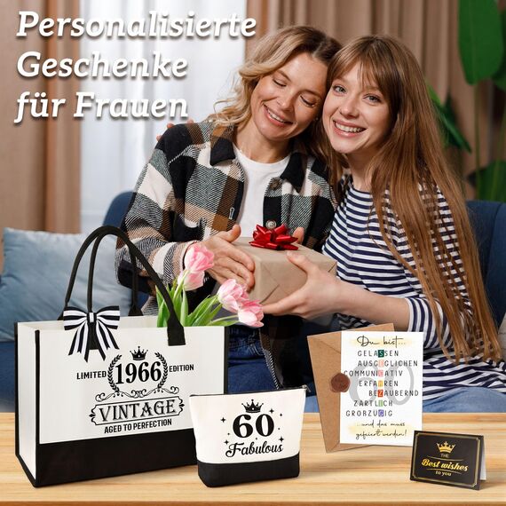 Giftota 60. Geburtstag Geschenk Frau – Vintage 1966 Canvas Einkaufstasche Tragetasche, Kosmetiktasche Set & Grußkarte – 60. Geburtstagsgeschenk für Mama, Kollegin Freundin, Schwester für Frauen