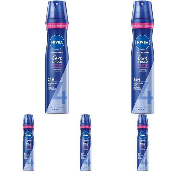 NIVEA Care & Hold Styling Spray, stärkendes Haarspray mit Panthenol & Vitamin B3, Haarlack für flexible Stylings mit 24h Halt (Haltestufe 4), veganes Pflegespray (250 ml) (Packung mit 5)
