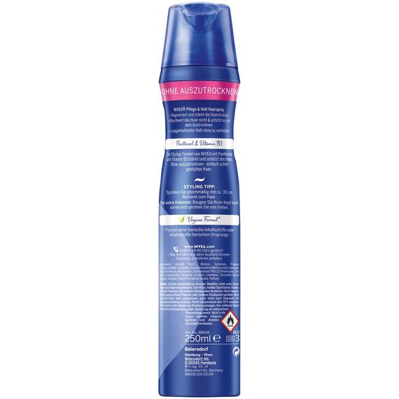 NIVEA Care & Hold Styling Spray, stärkendes Haarspray mit Panthenol & Vitamin B3, Haarlack für flexible Stylings mit 24h Halt (Haltestufe 4), veganes Pflegespray (250 ml) (Packung mit 5)