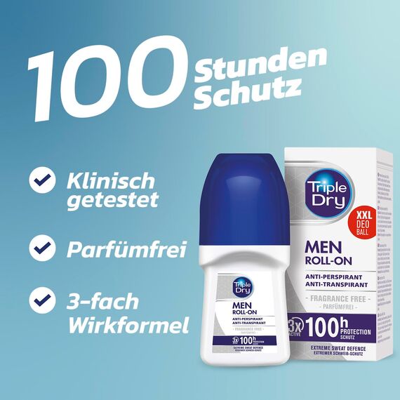 Triple Dry Anti-Transpirant Roll-On Men | Deoroller gegen starkes Schwitzen | Antibakterielles Deodorant für 100 h Schutz | Belebender Duft | For Men | 50ml (Packung mit 4)