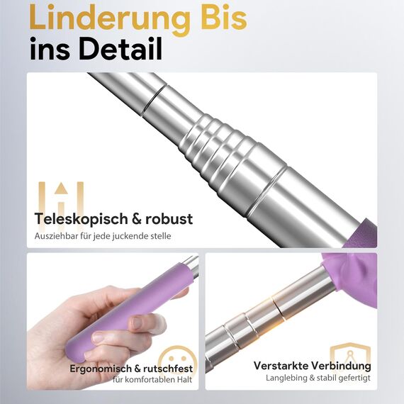Rückenkratzer Ausziehbarer mit 5 abnehmbaren Kratzköpfen, Verstärktem Griff aus Edelstahl, im Geschenkset – ideal für Männer, Väter und Frauen (Lila)